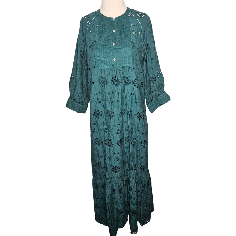 dRA Los Angeles Forest Green Eyelet Maxi Dress Women Medium Boho Tiered Cotton